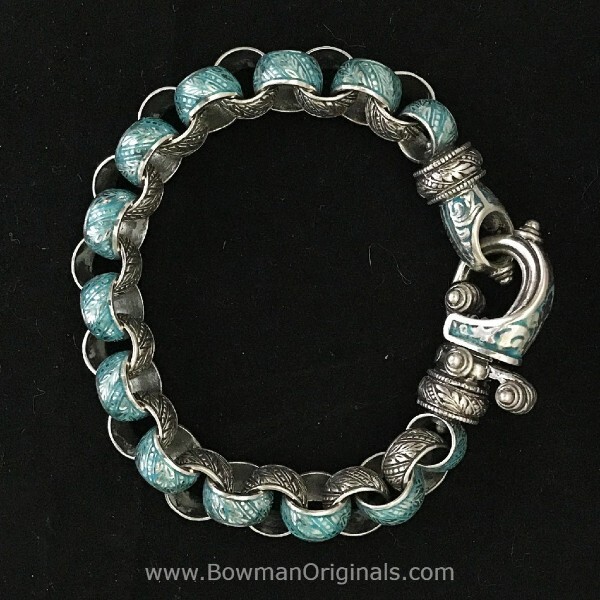 Laurel Leaf Sterling Silver and Turquoise Enamel Hook Bracelet by Bowman Originals